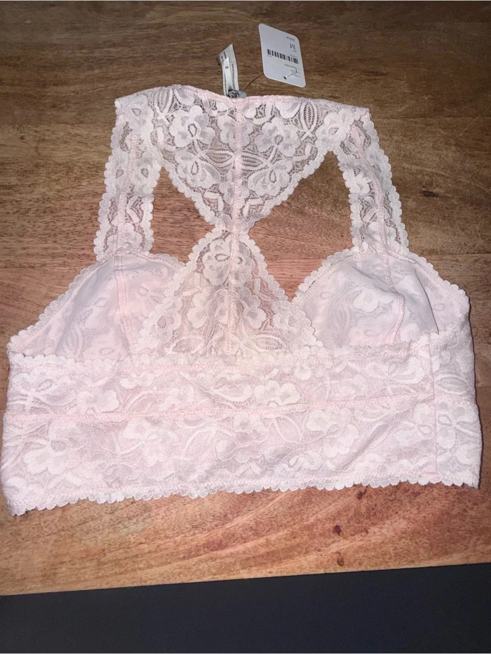 NWT. Free People Intimately. Galloon Lace Racerback Bralette. Pale Pink. Med.